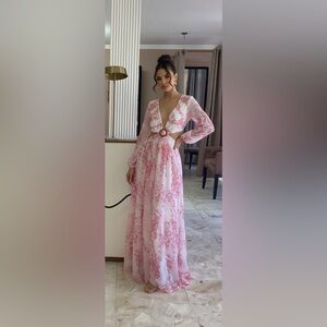 Deep V-Neck Pink Floral Maxi Dress with Waist Ring